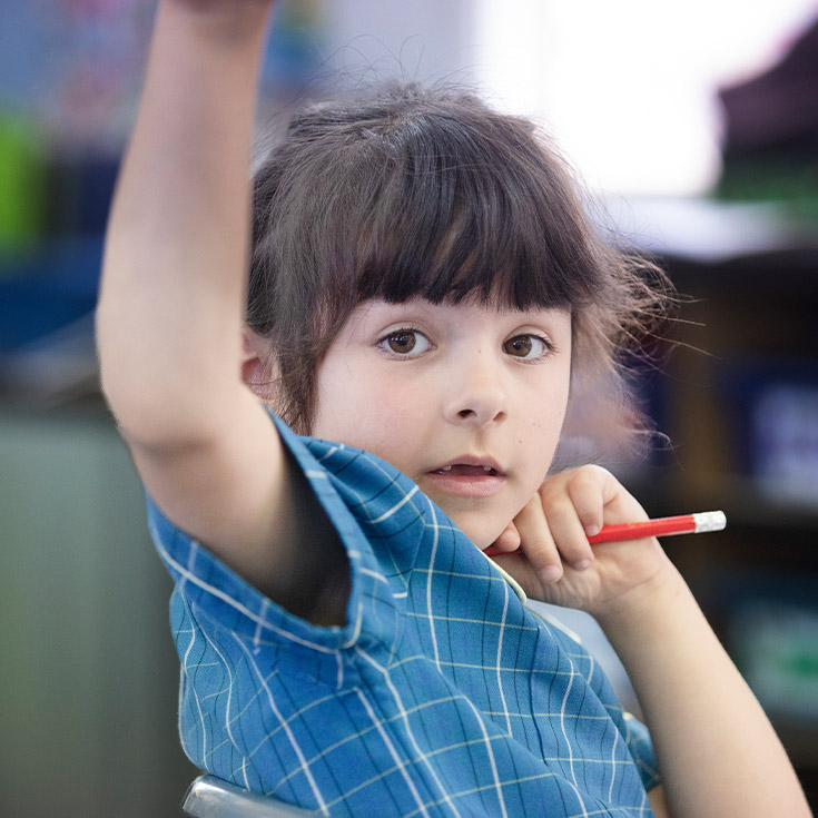 Student with her arm up in the classroom at St Angela's Primary School Castle Hill